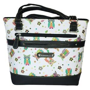 Stone Mountain Bonded Leather Printed Owls Megan Tote Shoulder Handbag 8 Pockets